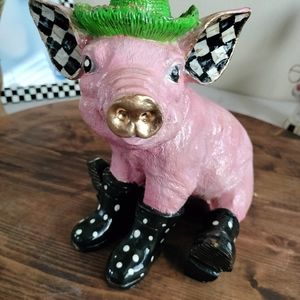 9-in ceramic pink pig black and white checked ears polka dot boots hand …